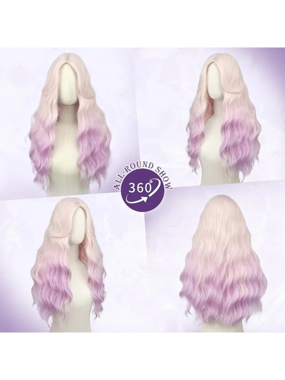 Women's Pink Ombre Lilac 26 Inch Heat Resistant Curtain Bangs Long Wavy Wigs